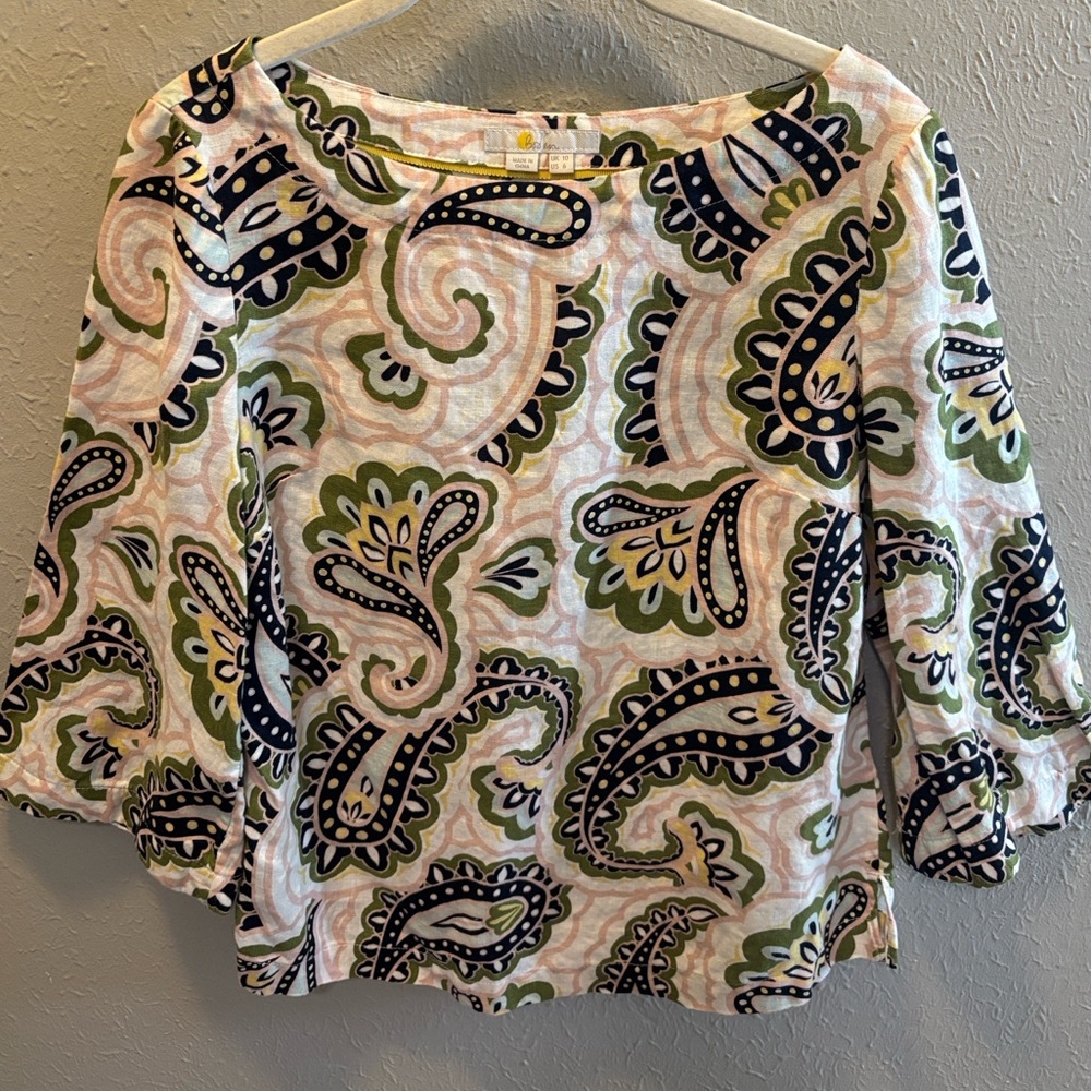 Boden Laurie Linen Paisley Top Spring Summer Pink Green Black Women’s Sz 6
